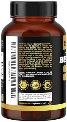 3-in-1 Bee Pollen Organic 840mg (180 Caps) W/ 840mg Bee Propolis Capsule & 840mg Royal Jelly Capsule - 3rd Party Tested - Bee Pollen Supplement - Organic Bee Pollen Capsule -No Fillers