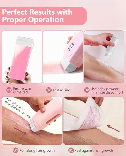 Roll On Wax kit,Waxing Kit for Sensitive Skin, Wax Roller, Roll On Wax Warmer for Hair Removal,at Home Waxing Kit for Women men,Soft Wax Heater for Larger Areas of the Body(pink)