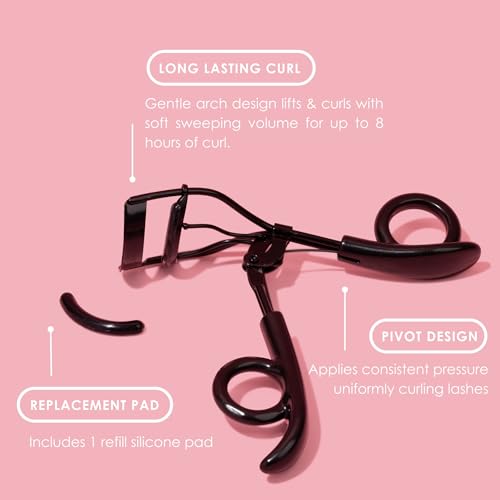 JAPONESQUE Pro Performance Lash Curler with Natural Arch for Sweeping Volume on Natural or False Lashes, Holds Curl for up to 8 Hours, Includes 1 Refill Pad