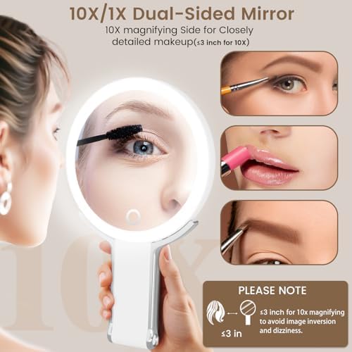 Travel Makeup Mirror with Lights, Lightened 10X/1X Double Sided Magnifying Mirror with 3 Colors, Brightness Adjustable Portable LED Mirror Valentines Day Gifts for Her Women Girls (White)