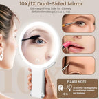 Travel Makeup Mirror with Lights, Lightened 10X/1X Double Sided Magnifying Mirror with 3 Colors, Brightness Adjustable Portable LED Mirror Valentines Day Gifts for Her Women Girls (White)