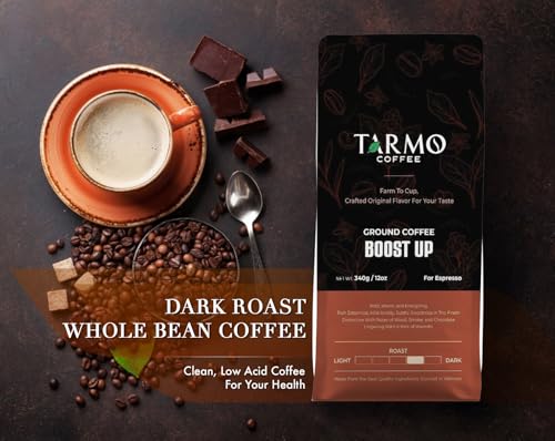 Tarmo Coffee | BOOST UP - Low Acid Ground Coffee, Vietnamese Coffee, Premium Arabica & Robusta Blend, Dark Roast Coffee, 12 Oz Bag