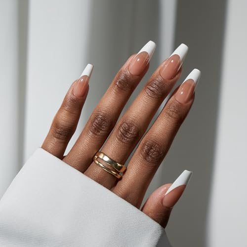 BTArtbox French Tip Press On Nails - Press On Nails Medium Coffin, Glue On Nails for Gifts, Natural Reusable Stick On Nails in 15 Sizes - 30 Fake Nails Kit