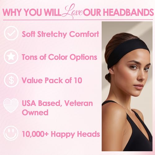 Styla Hair Headbands for Women Stretch Fashion Headbands 10 Pack Non-Slip Head Wraps Great for Spa, Sports, Yoga, Pilates, Running, Gym Headband, Workouts (Dark)