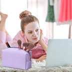 Sanwuta 9 Pcs Preppy Makeup Bag PU Leather Cosmetic Bag Makeup Pouch Plain Waterproof Toiletry Organizers for Traveling Preppy Travel Purse(Purple)