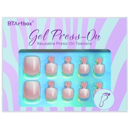 BTArtbox Press on Toenails Short, Pink Ombre Toenail Press Ons Square for Women, Light Weight & Fit Perfectly Press on Toe Nails with Glue, Fake Toenails in 16 Sizes- 32 Toenails Kit, Baby Boomer Pink