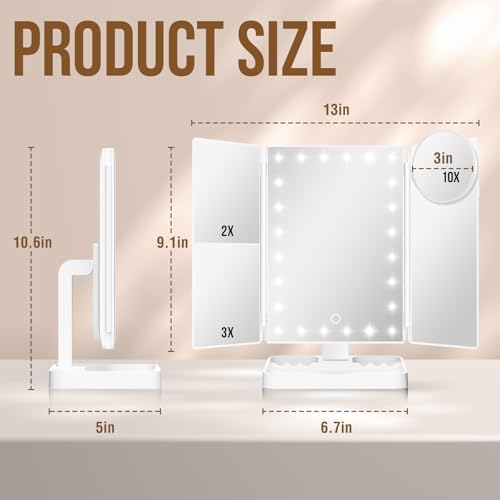Wireless Rechargeable Lighted Makeup Mirror with 3 Color Lighting, 2000mAh Rechargeable Battery, 10x 3X 2X Magnification Mirror, 24 LED Mirror, 360 Degree Rotation, Gift for Woman (White)