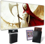 Playmats for Magic: The Gathering MTG Card Game Mat Plus 50 Pcs Card Sleeves, 24 x 14 inch TCG Mat with Stitched Edge for Commander Deck Duskmourn Board Game, Female Demo Holds Scythe