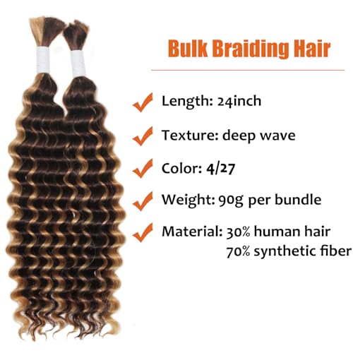 Deep Wave Bulk Human Hair Mixed Synthetic Braiding Hair For Boho Braids Knotless Bohemian Braids Brown Curly Hair Bundles No Weft Micro Braiding Hair Wet And Wavy Hair For Braiding(24 Inch, 4/27)