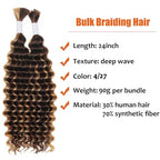 Deep Wave Bulk Human Hair Mixed Synthetic Braiding Hair For Boho Braids Knotless Bohemian Braids Brown Curly Hair Bundles No Weft Micro Braiding Hair Wet And Wavy Hair For Braiding(24 Inch, 4/27)