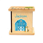 Wooden Piggy Bank for Kids and Adults, Personalized Gift Handmade in USA by BloomOwl, Custom Piggy Bank, Personalized Banks for Kids, Gifts for Baby Boys and Girls (Farm- Blue)