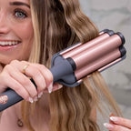 Hairitage Catch The Wave Curling + Crimping Iron - 3 Barrel Ceramic Tourmaline Pink Curler + Crimper - Beach Waves + Curls - Reduce Frizz + Increase Shine - All Hair Types + Textures