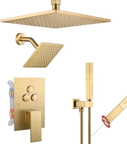 VANFOXLE Shower Faucet Set Brushed Gold Shower System,Push Button Diverter Shower Faucet with 2 in 1 Handheld,Ceiling Mount 10 Inch Shower Head with 6 Inch Wall Mount Shower Head