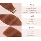 Tape in Hair Extensions Human Hair 20pcs Remy Hair Extensions 18 Inch Auburn Brown Straight Invisible Human Hair Tape in Extensions Skin Weft Tape Extensions Human Hair (#A33,18 Inch)