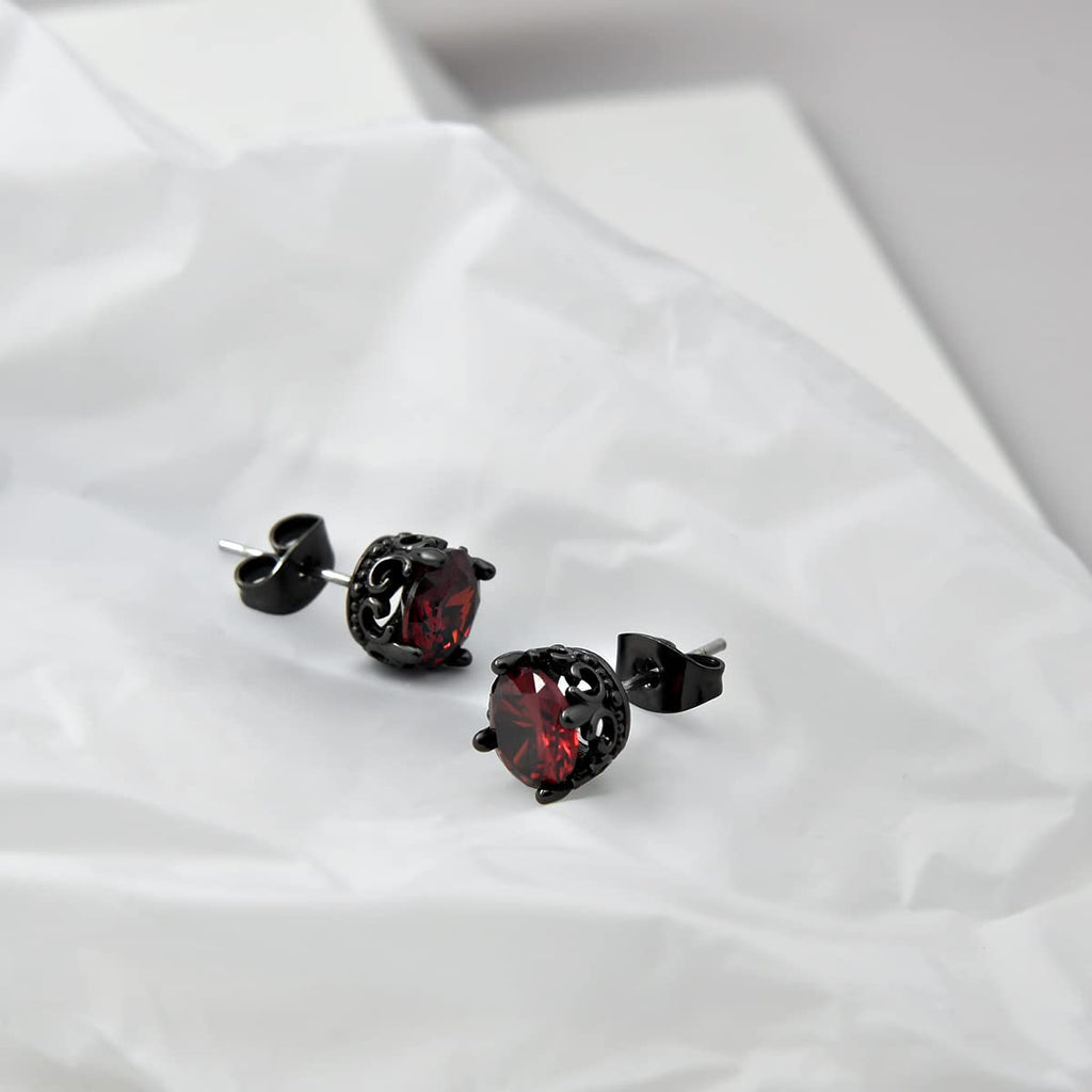 KZZENKI Red and Black Earrings Vintage Crown Stainless Steel Cubic Zirconia Stud Earrings Cool Gothic Jewelry