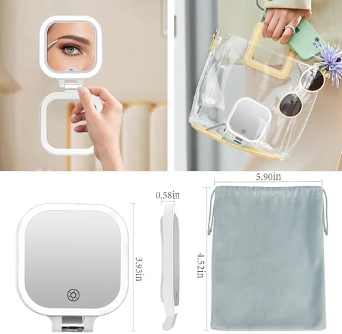 FUNTOUCH Compact Travel Lighted Makeup Mirror, Rechargeable Double-Sided 1X10X Magnification Mirror with 3 Lights, Handheld Tabletop Portable Hanginig Mirror with Bag, Dimmable Touch Screen