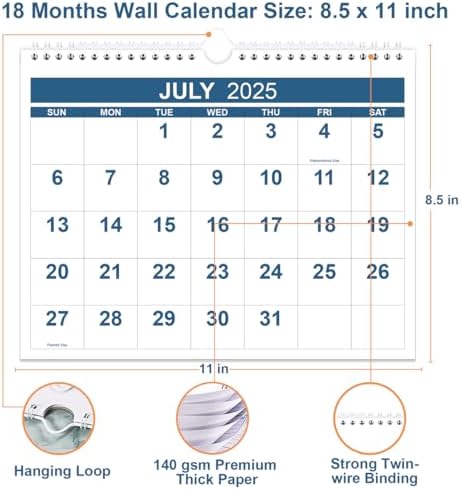 Calendar 2025-2026 - Wall Calendar from July 2025 to December 2026, 2025-2026 Calendar with Thick Paper, 8.5" x 11", Blue