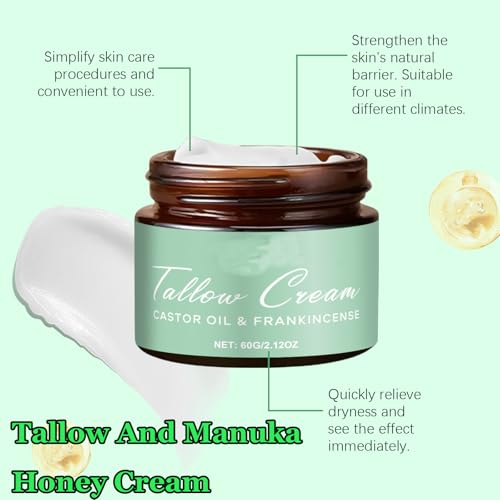 Grass-fed Tallow with Frankincense Oil & Castor Oil, 60g Organic Tallow Moisturizer for Skin, Tallow And Manuka Honey Cream for Face, Body