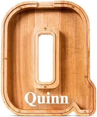 Summidate Customized Name Large Wooden Piggy Bank for Kids Boys Girls Alphabets Letter A-Z Coins Bills Money Change Bank Box Initial on Clear Cover (Laser Engraved) (Alphabet-Q, Personalized-9")