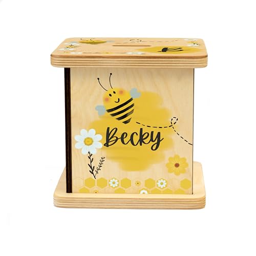 Wooden Piggy Bank for Kids and Adults, Personalized Gift Handmade in USA by BloomOwl, Custom Piggy Bank, Personalized Banks for Kids, Gifts for Baby Boys and Girls (Bee)