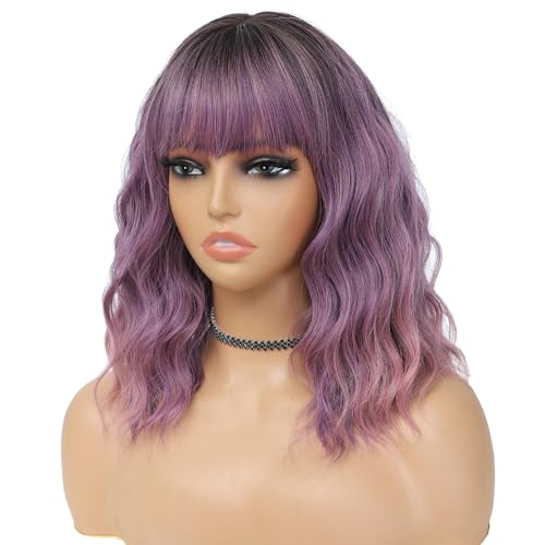 MINLEE Ombre Purple Wig with Bangs for Women 14 Inch Short Bob Wavy Curly Wig Purple Hair Wigs Heat Resistant Synthetic Wigs