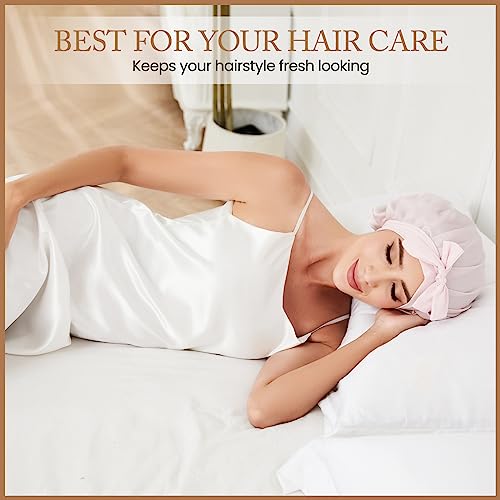 22 Momme 100% Mulberry Silk Bonnet for Women, Silk Sleep Cap for Hair Care, Silk Hair Wrap for Sleeping with Elastic Stay on Head All Night (Pink)