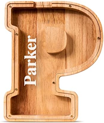 Summidate Customized Name Large Wooden Piggy Bank for Kids Boys Girls Alphabets Letter A-Z Coins Bills Money Change Bank Box Initial on Clear Cover (Laser Engraved) (Alphabet-P, Personalized-9")