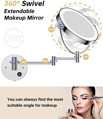 Gospire 8.5" Wall Mounted Lighted Magnifying Mirror, 1X/10X Double-Sided Magnification Round LED Cosmetic Vanity Bathroom Mirror Extendable Arm 360° Swivel for Shaving Makeup