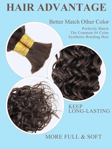 Chocolate Brown Braiding Hair Water Wave 100g 20 Inch Color 4 Bulk Hair for Braiding Deep Wave Bundles 12A Brazilian Virgin Curly Extensions for Boho Braids Wet and Wavy