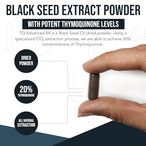 20% Thymoquinone Black Seed Oil Extract Capsules - TQ-Advanced 4X®: Potent Thymoquinone Concentration Available - 60:1 Concentrate from Nigella Sativa, Raw Form, Vegan, Glass Bottle (60 Capsules)