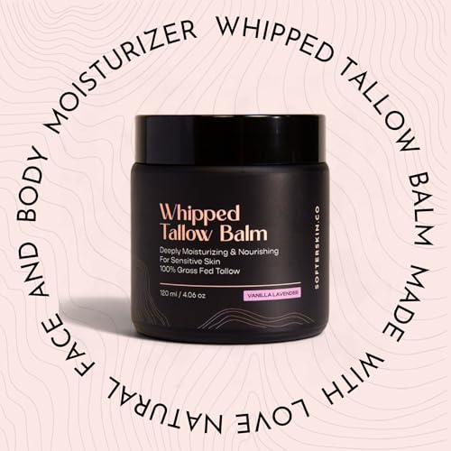 Beef Tallow for Skin (Vanilla Lavender 4 oz) - Whipped Tallow Balm for Face and Body - Natural Moisturizer for Sensitive Dry Skin - Handmade Body Butter - 100% Grass-Fed - Gentle Skincare