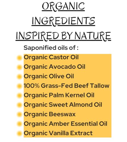 '-Amber Vanilla- Handcrafted with Grass-Fed Beef Tallow and Organic Oils - Scented with Organic Essential Oils - Artisanal Bar Soap - 3 Pack - Each Bar Unique