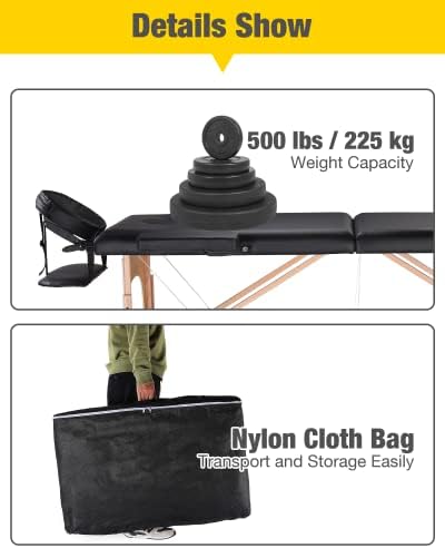 Professional Massage Table Portable Massage Bed for Spa Salon Tattoo Esthetician Lash Reiki, Adjustable Height 84" Long & 500 LBS Load Capacity, Black (2-Section)