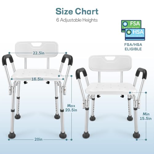 TABEKE Shower Chair for Inside Shower, Heavy Duty Shower Chair with Backrest & Padded Armrest, Height Adjustable Shower Bench, Shower Seat for Bathtub, Elderly and Disabled