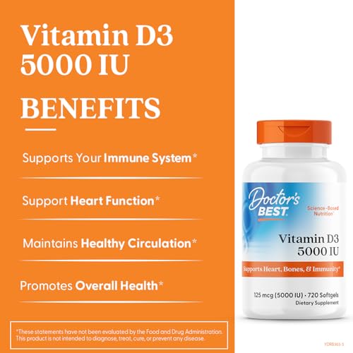 Doctor'S Best Vitamin D3, Capsule 5, 000 Iu for Healthy Bones, Teeth, Heart & Immune Support, Non-GMO, Gluten-Free, Soy Free, 720 Count (Pack of 1)