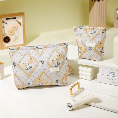 2 Pcs Makeup Bags, Large Cosmetic Bag Travel Toiletry Bag Organizer for Women, Embroidery Craft, Floral Makeup Bag Small Cosmetic Pouch Purse with Zipper Gifts for Girls Teen