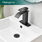 Hoimpro Black Waterfall Bathroom Faucet with cUPC Supply Lines, Single Handle Bathroom Sink Faucet with Pop-up Drain, Rv Vanity Vessel Faucet with Deck Plate, Matte Black, 1 or 3 Hole