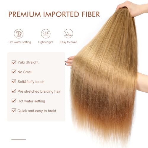 Pre-stretched Braiding Hair - 22 Inch 8 Packs Blonde Long Braiding Hair For Twist or Box Braids, Yaki Texture Hot Water Setting Synthetic Braiding Hair Extensions (22 Inch, #27-8P)