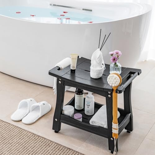 Y&M 2-Tier Bathroom Shower Bench with Waterproof Storage Shelf, HDPE Towel & Shower Head Shelves Curved Seat, Small Tub Chair for Shaving Legs Foot Stool, Bath, Spa, Indoor or Outdoor Use, Black