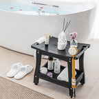 Y&M 2-Tier Bathroom Shower Bench with Waterproof Storage Shelf, HDPE Towel & Shower Head Shelves Curved Seat, Small Tub Chair for Shaving Legs Foot Stool, Bath, Spa, Indoor or Outdoor Use, Black