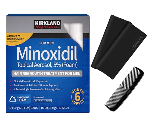 Hair Regrowth Treatment Minoxidil Foam for Men, 2.11 oz, 6 Count (6 Month Supply) - Exclusive 2 MicroFiber Cleaning Cloths and Comb Included, Clear
