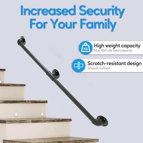 Pipe Stair Handrail, 3 Ft Metal Staircase Handrail, Black Galvanized Industrial Iron Hand Rail for Indoor & Outdoor Wall Mount Support, Wall Hand Railing,Safety Handle, Steps Baluster(HR01)