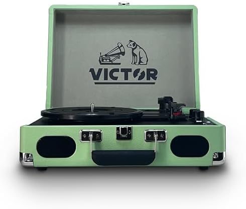 Victor Metro Plus Battery-Powered Bluetooth Suitcase Turntable | 3-Speed Vinyl Record Player with Built-in Stereo Speakers, Rechargeable Battery, RCA Output, Aux Input, and 45 RPM Adaptor, VSRP-850B