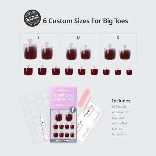 BTArtbox Press On Toenails - Real Square Opaque Red Toe Nail Press Ons with Glue for Women, Glitter Fake Toe Nail Tips in 15 Sizes - 30 Toenails Kit, Crimson Chaos