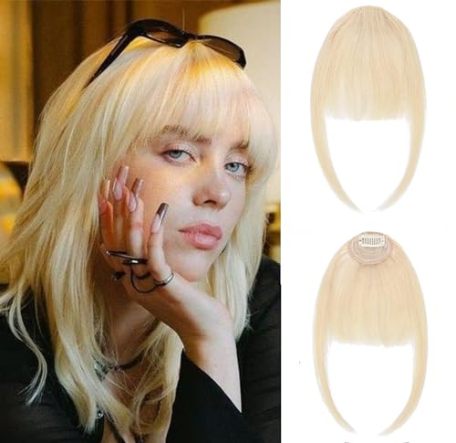 ORIGEN Clip in Bangs Real Human Hair Clip on Wispy Bangs Fringe with Temples Hairpieces Fake Front Bangs Extensions for Women Yellow Blonde Color
