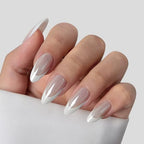 BTArtbox Press On Nails Almond - Chrome French Tip Press on Nails, White Glue On Nails for Gifts, Natural Reusable Glazed Stick On Nails in 15 Sizes - 30 Fake Nails Kit, White Swan