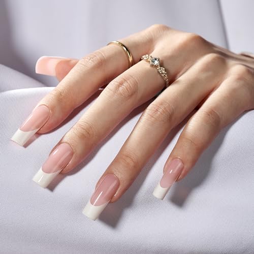 BTArtbox Press On Nails Long - French Tip Press On Nails Square, Fake Nail with Nail Glue, Natural Reusable Stick On Nails in 15 Sizes - 30 Fake Nails Kit