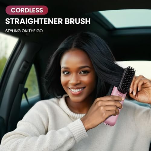 Cordless Hair Straightener Brush, Portable Mini Straightening Brush for Travel, Negative Ion Hot Comb Hair Straightener for Women, Cherry Blossoms Pink