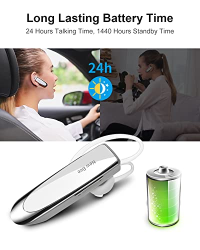 New bee Bluetooth Earpiece V5.0 Wireless Handsfree Headset 24 Hrs Driving Headset 60 Days Standby Time with Noise Cancelling Mic Headsetcase for iPhone Android Laptop Truck Driver, White