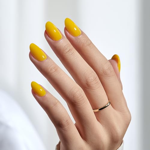 BTArtbox Press On Nails Short - Spring Press on Nails Oval, Yellow Fake Nails with Nail Glue, Natural Reusable Glue On Nails in 16 Sizes Nail Kit, Autumn Sunshine
